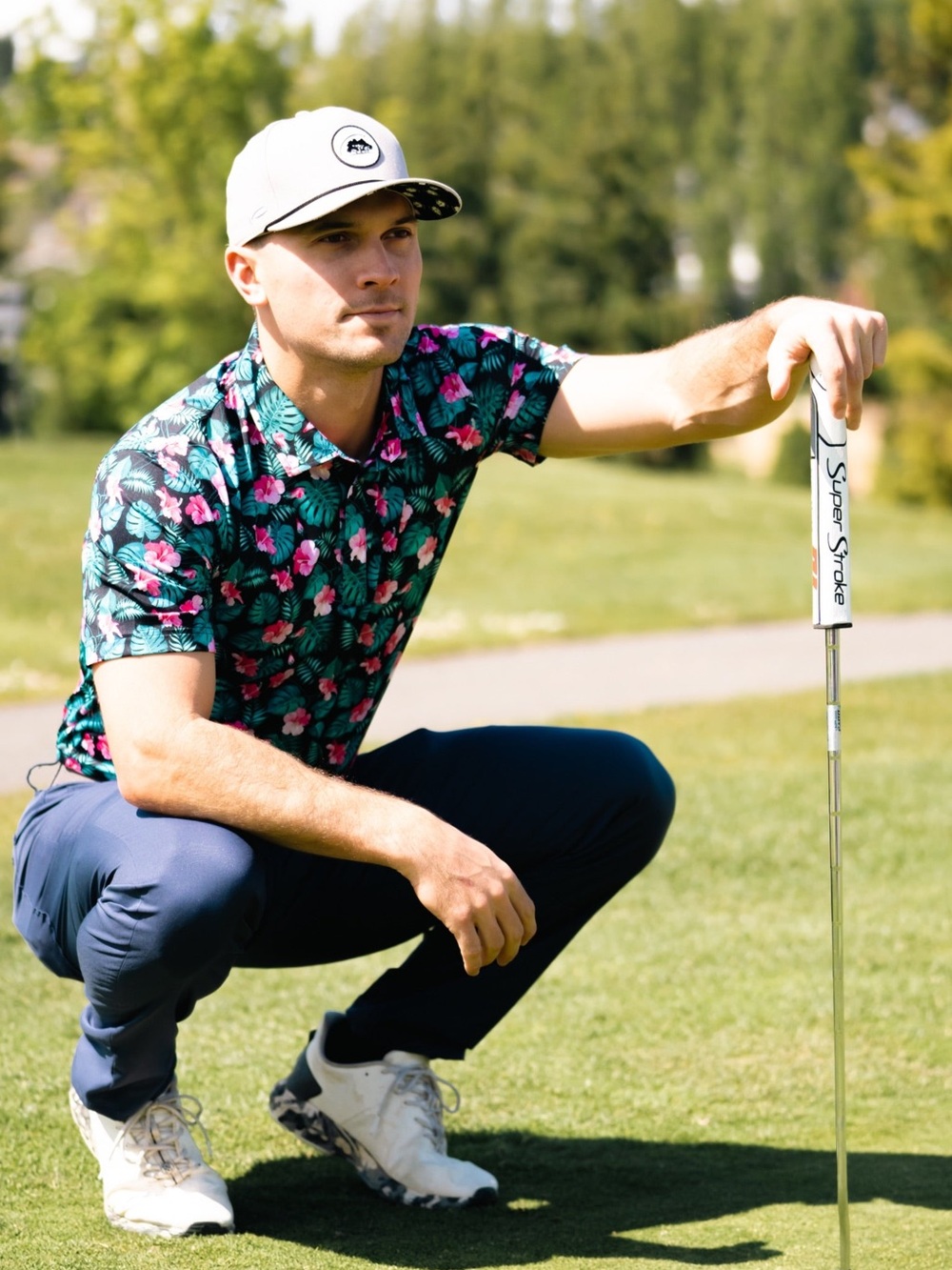 Men's Tropical Floral Golf Polo Shirt - Teal & Pink